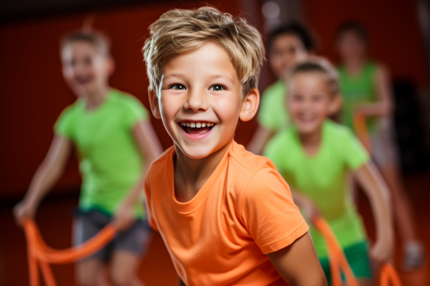 A picture of happy children wearing gym clothes pulling on a rope in a gym