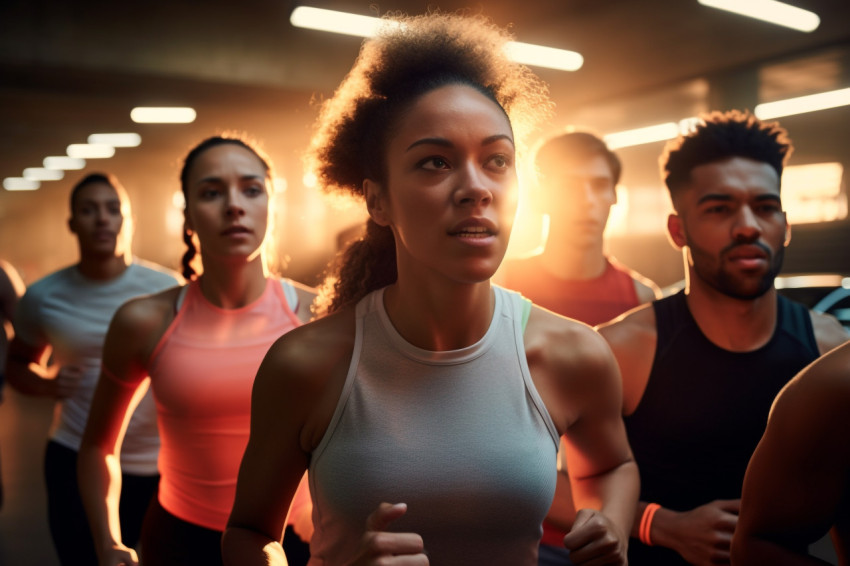 A photo of a group of different runners running fast in a parking garage