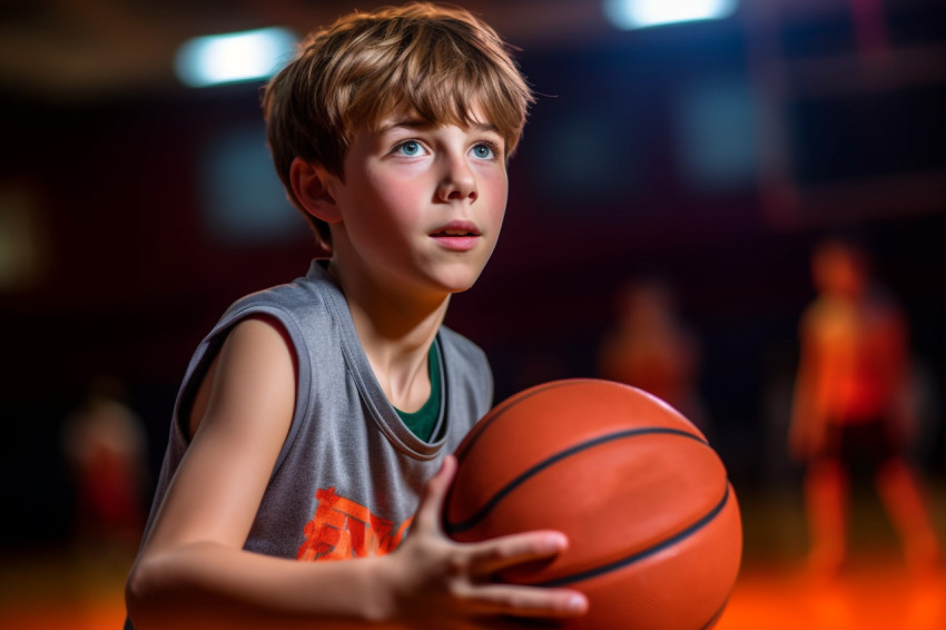 A picture of a young boy playing basketball in a gym