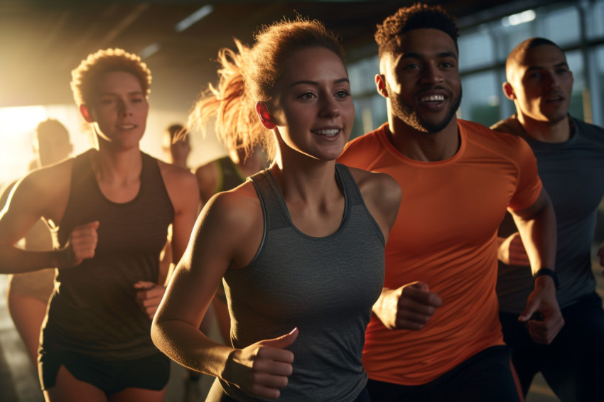 A photo of a group of different runners running fast in a parking garage