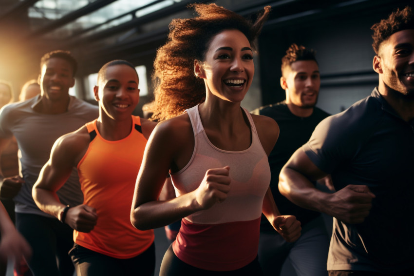 A photo of a group of different runners running fast in a parking garage