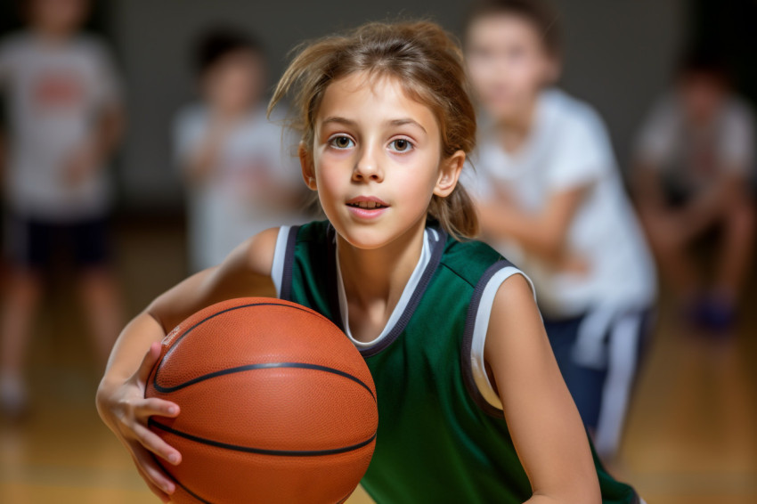 A picture of a young school child dribbling a basketball in gym class