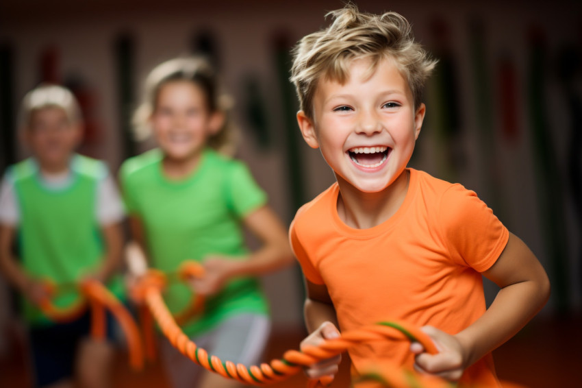 A picture of happy children wearing gym clothes pulling on a rope in a gym