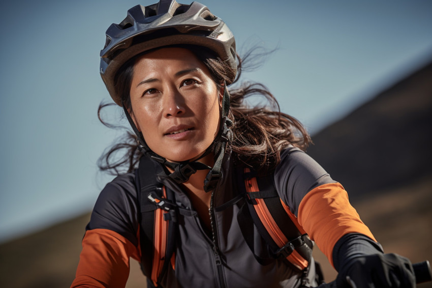 A picture of a woman from asia riding a bicycle