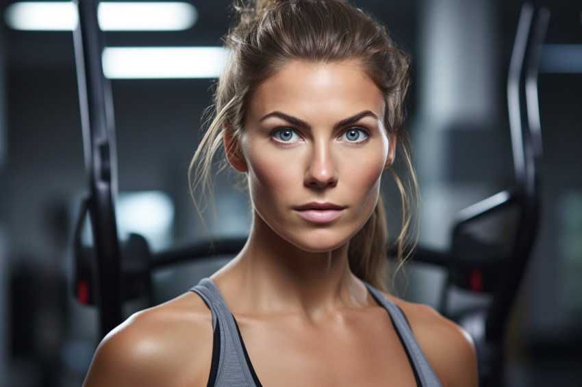 A close up photo of a fit and attractive woman in a gym