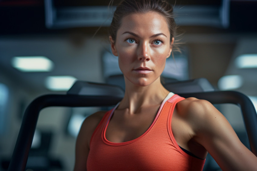 A close up photo of a fit and attractive woman in a gym