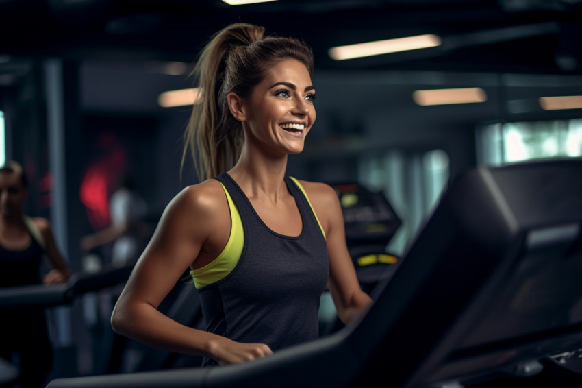 A picture of good looking people running on a treadmill