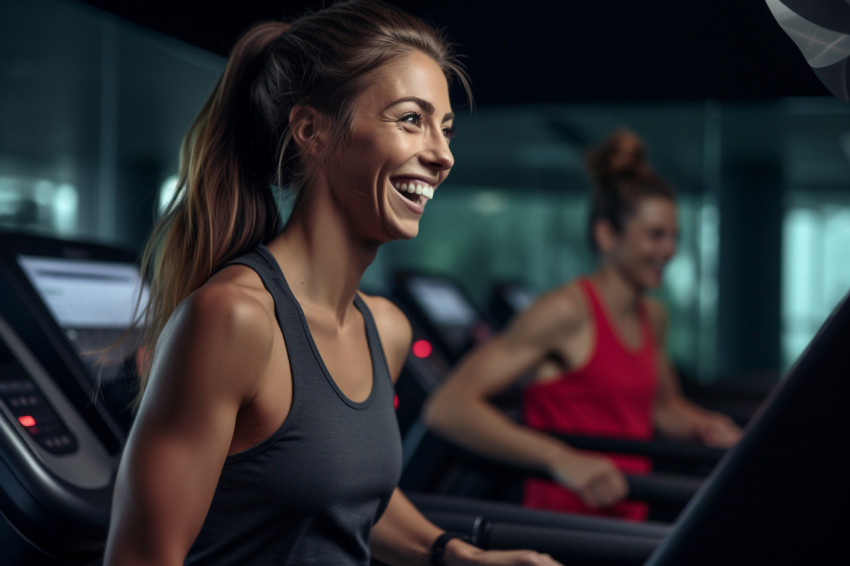 A picture of good looking people running on a treadmill