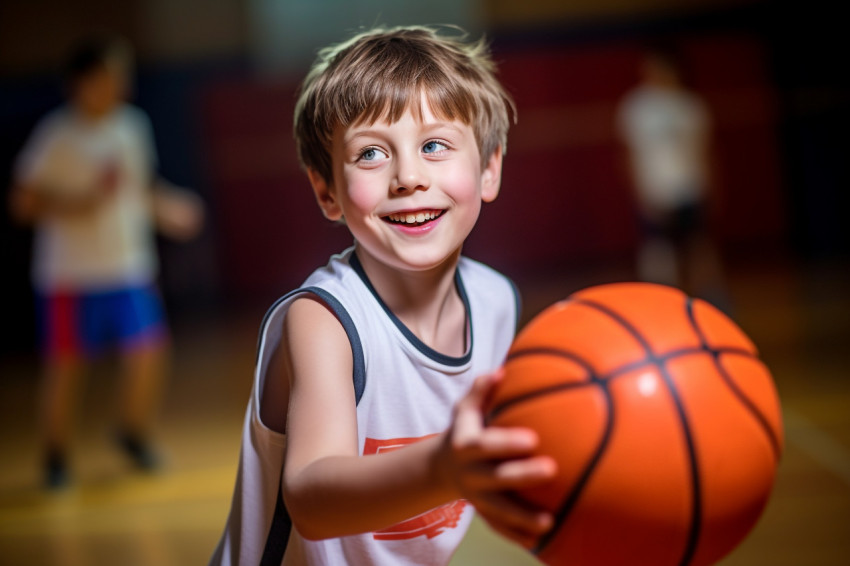 A picture of a young boy playing basketball in a gym