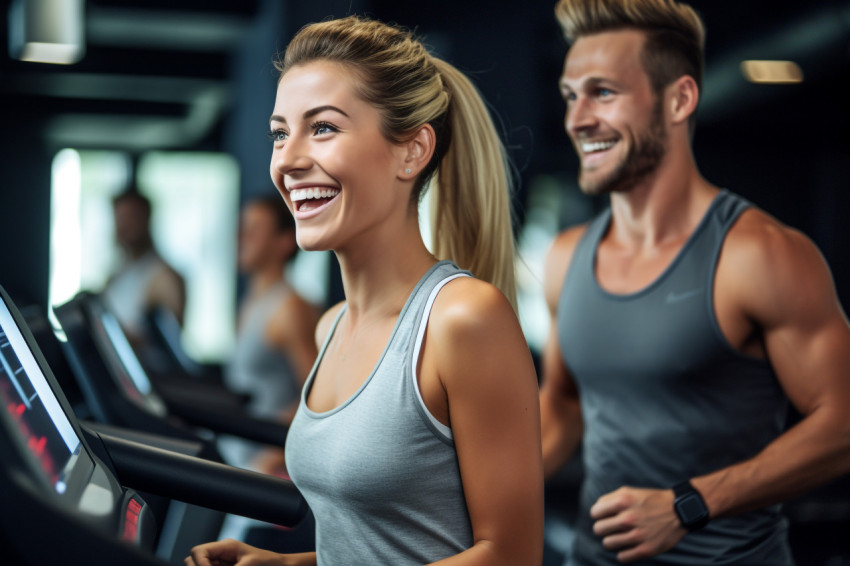 A picture of good looking people running on a treadmill