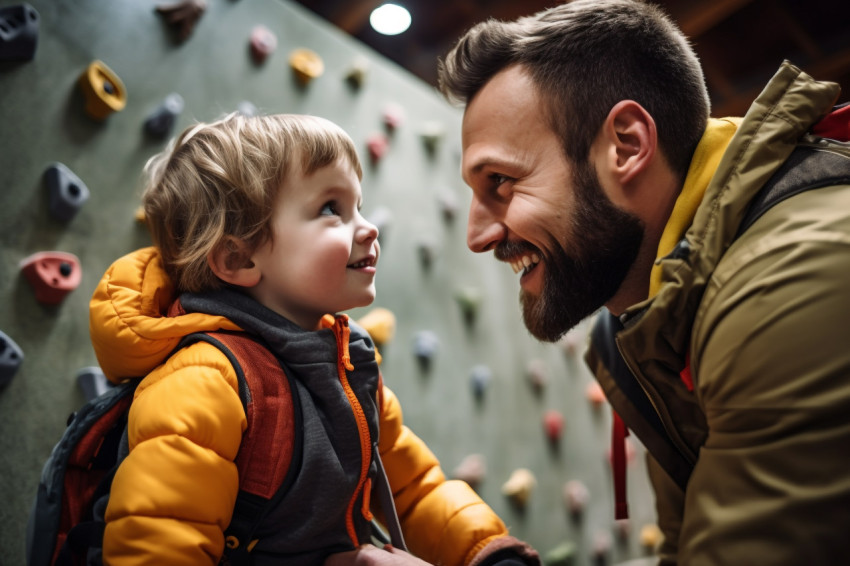 Picture of a dad getting his young son ready to climb