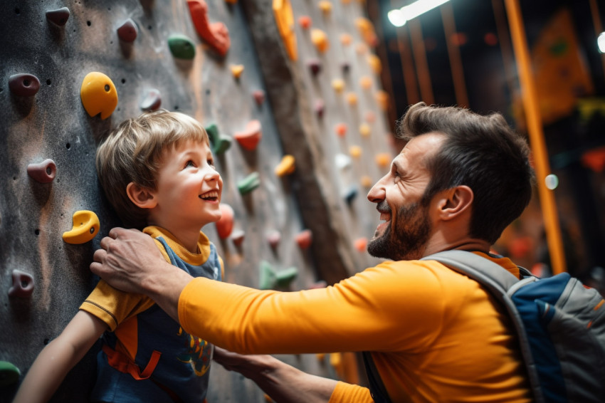 Picture of a dad getting his young son ready to climb