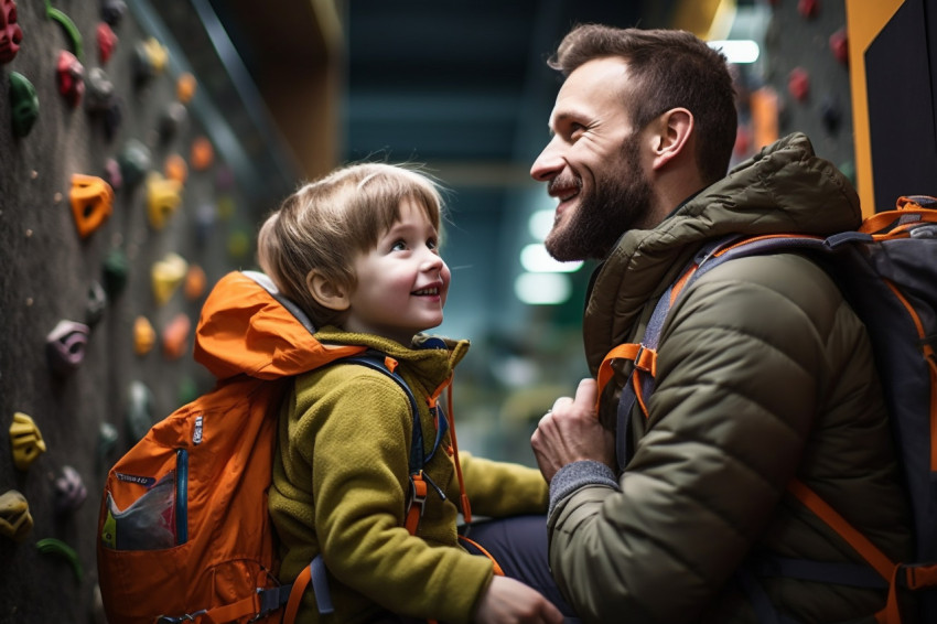 Picture of a dad getting his young son ready to climb