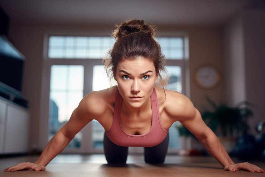 Picture of a young athletic woman in workout clothes doing push-ups or plank pose on a yoga mat at home