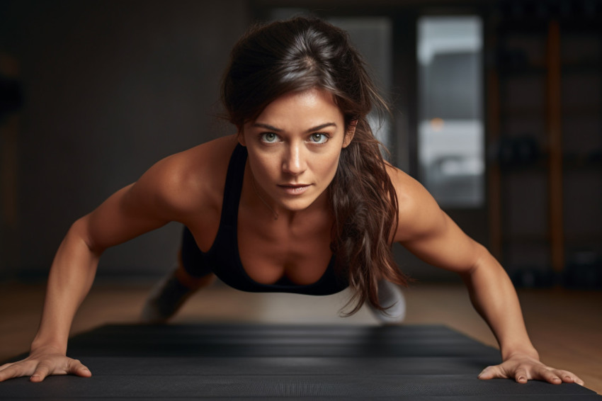 Picture of a young athletic woman in workout clothes doing push-ups or plank pose on a yoga mat at home