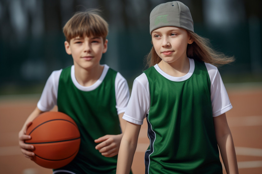 A picture of a girl and a boy basketball player in their uniforms