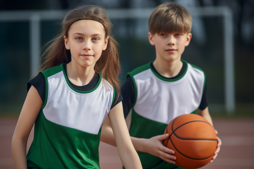 A picture of a girl and a boy basketball player in their uniforms