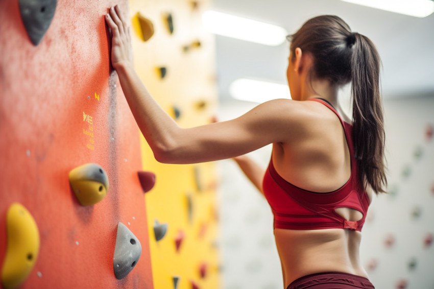 A close up photo of a young womans hand as she climbs a rock wall in a gym