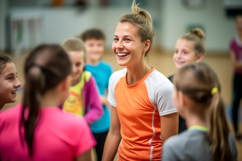 A picture of a happy gym teacher talking to her students during class in the elementary school gym