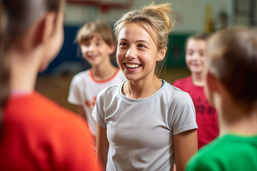 A picture of a happy gym teacher talking to her students during class in the elementary school gym