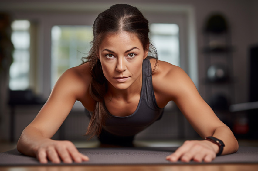 Picture of a young athletic woman in workout clothes doing push-ups or plank pose on a yoga mat at home