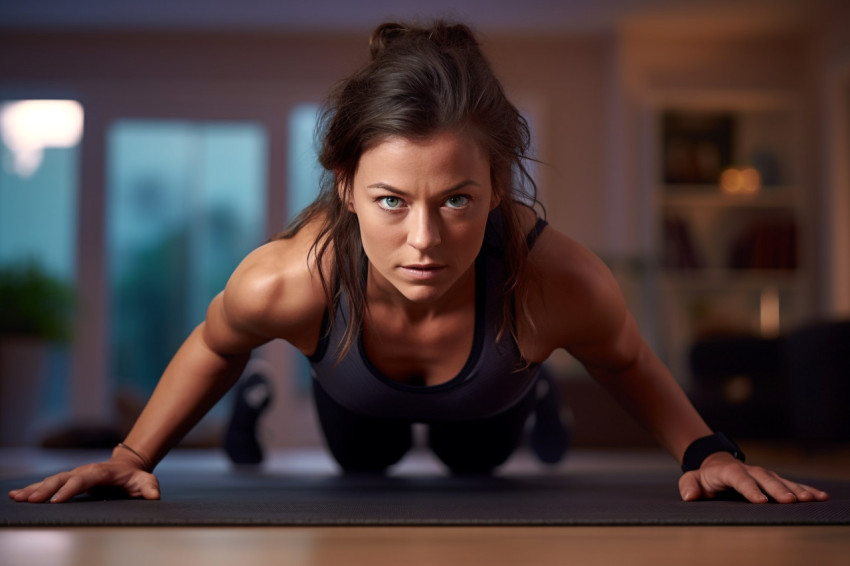 Picture of a young athletic woman in workout clothes doing push-ups or plank pose on a yoga mat at home