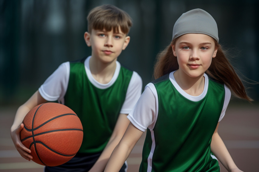 A picture of a girl and a boy basketball player in their uniforms