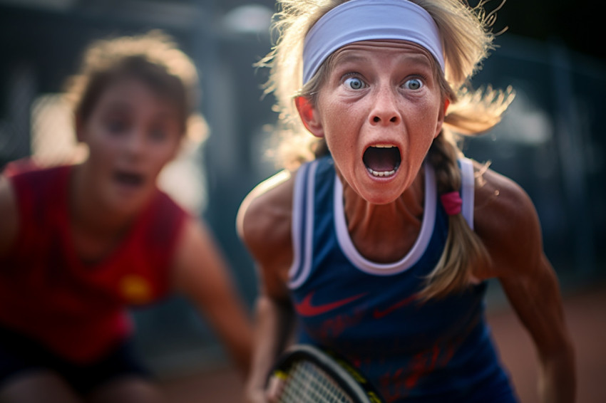 A photo of a happy young girl playing pickleball with her old female partner in a friendly two on two match on a small