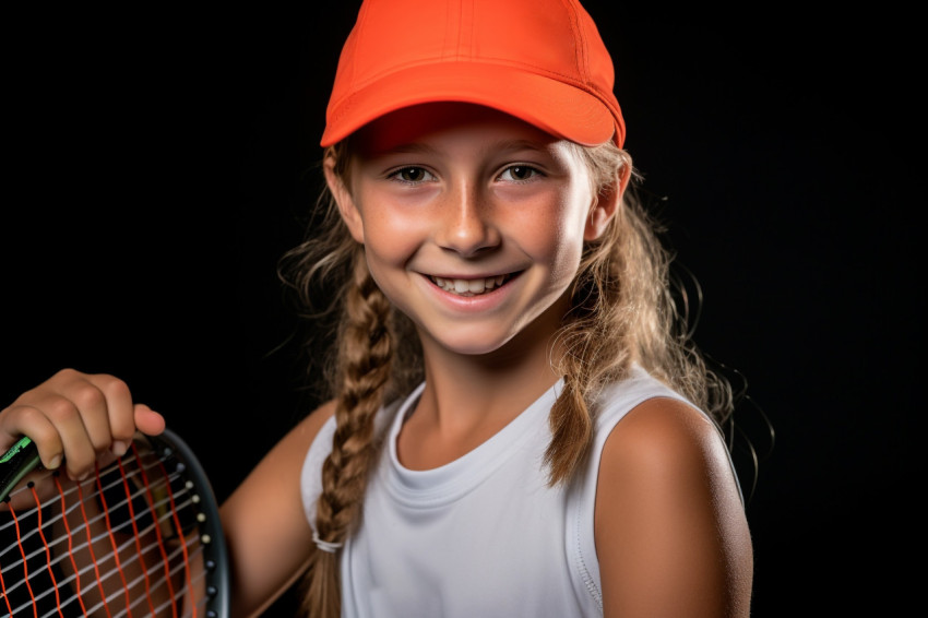 Picture of a happy girl basketball player with the ball she uses in games