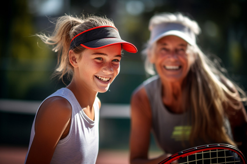 A photo of a happy young girl playing pickleball with her old female partner in a friendly two on two match on a small