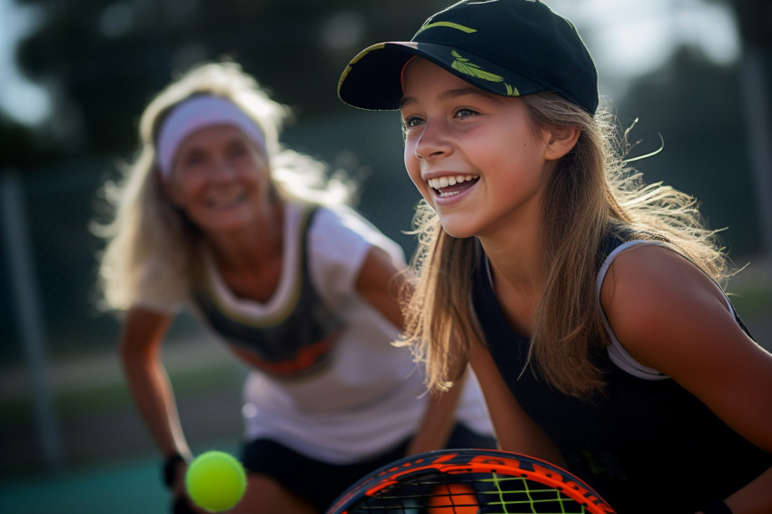 A photo of a happy young girl playing pickleball with her old female partner in a friendly two on two match on a small