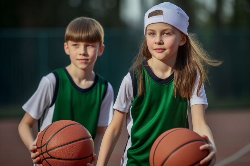 A picture of a girl and a boy basketball player in their uniforms