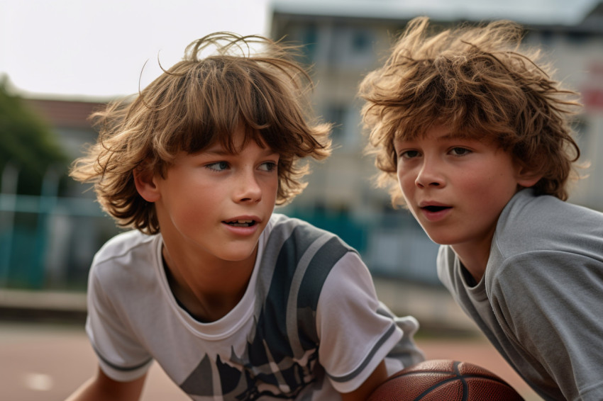 A picture of two boys playing basketball on the court