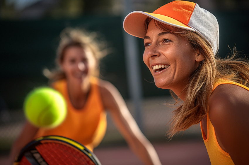 A photo of a happy young girl playing pickleball with her old female partner in a friendly two on two match on a small