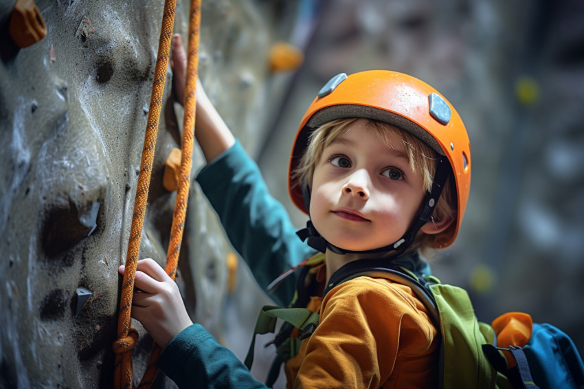 A picture of a young boy climbing a rock wall inside