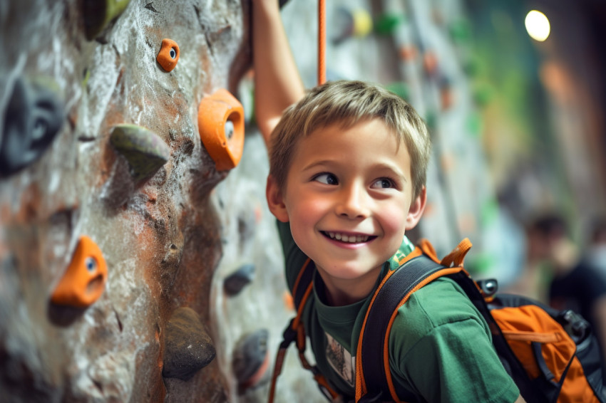 A picture of a young boy climbing a rock wall inside