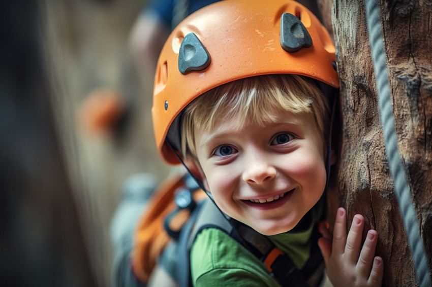 A picture of a young boy climbing a rock wall inside