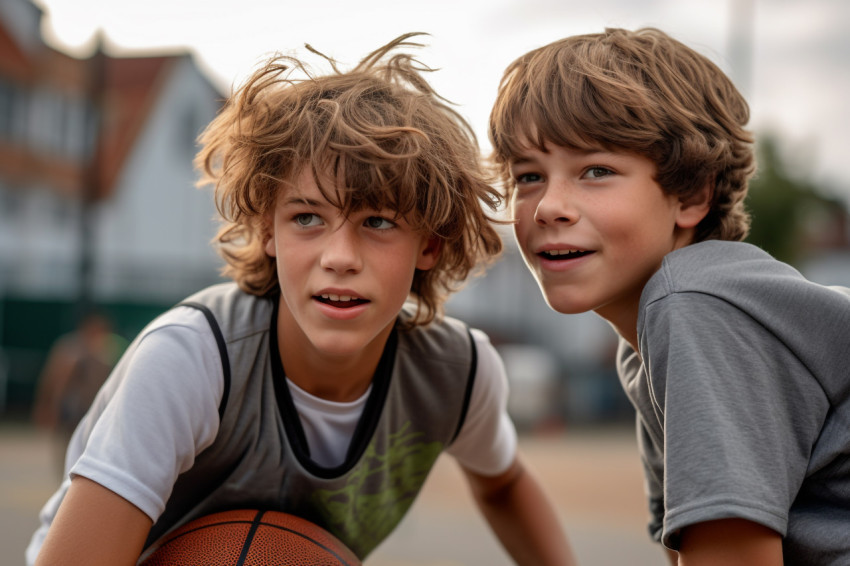 A picture of two boys playing basketball on the court