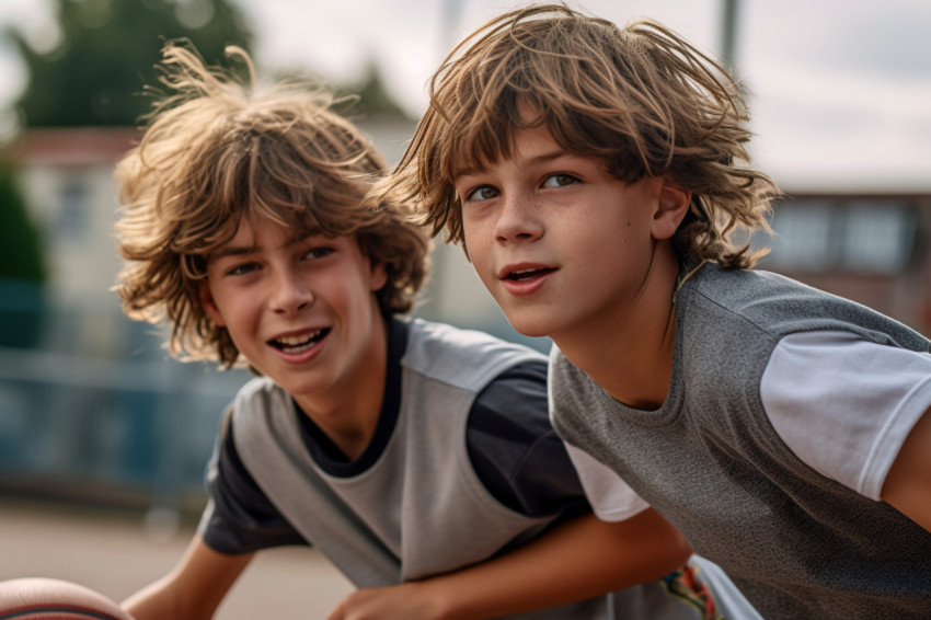 A picture of two boys playing basketball on the court