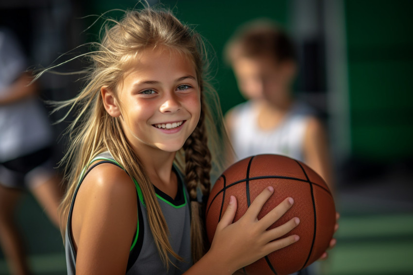 Picture of a happy girl basketball player with the ball she uses in games