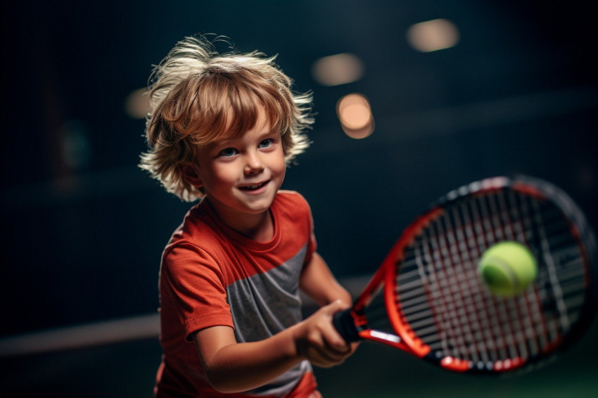 Picture of a child playing tennis inside