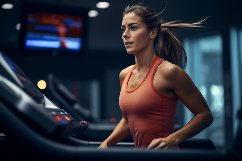 A picture of a girl running on the treadmill at her gym