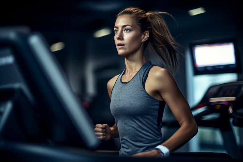 A picture of a girl running on the treadmill at her gym