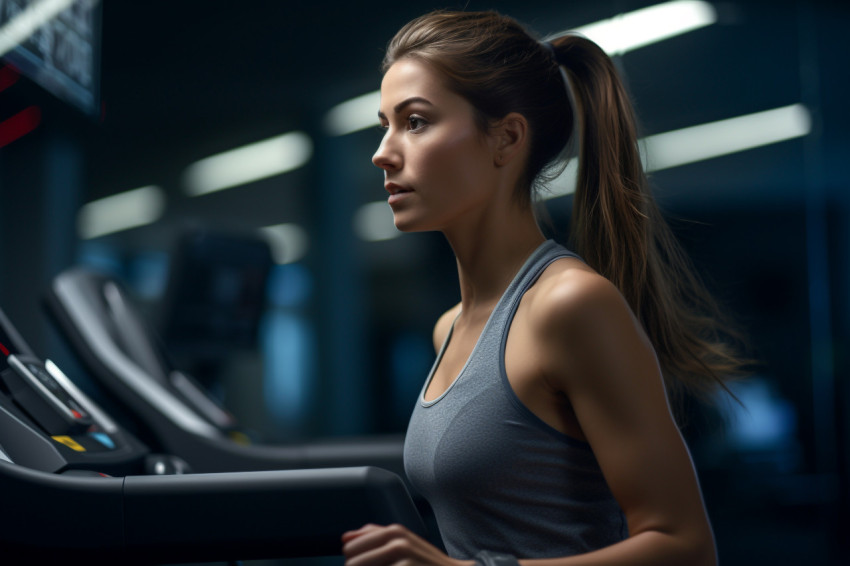 A picture of a girl running on the treadmill at her gym