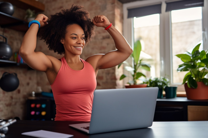 A picture of a black woman exercising at home while watching a fitness video on her laptop