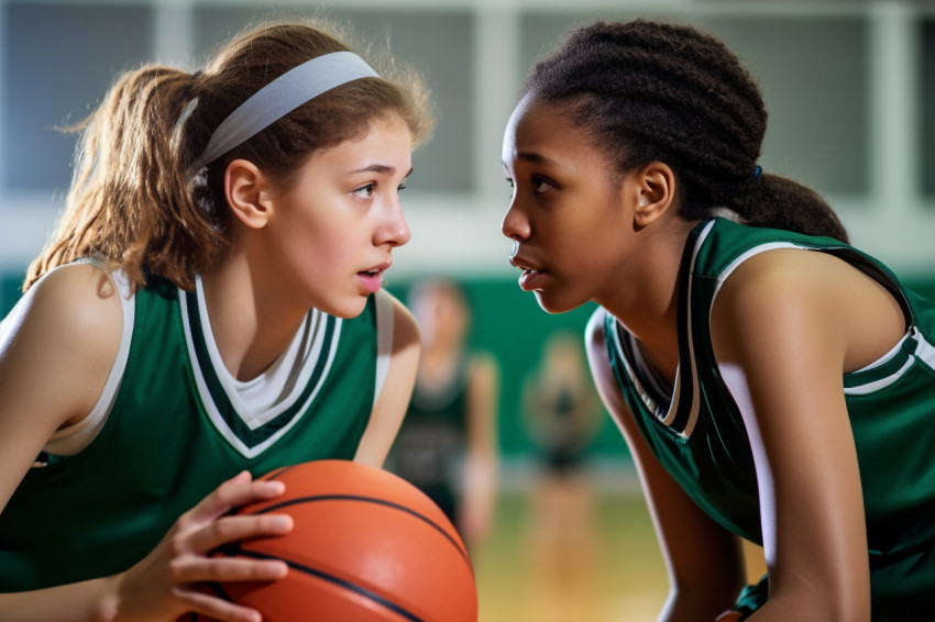 A picture of two female basketball players playing in a school