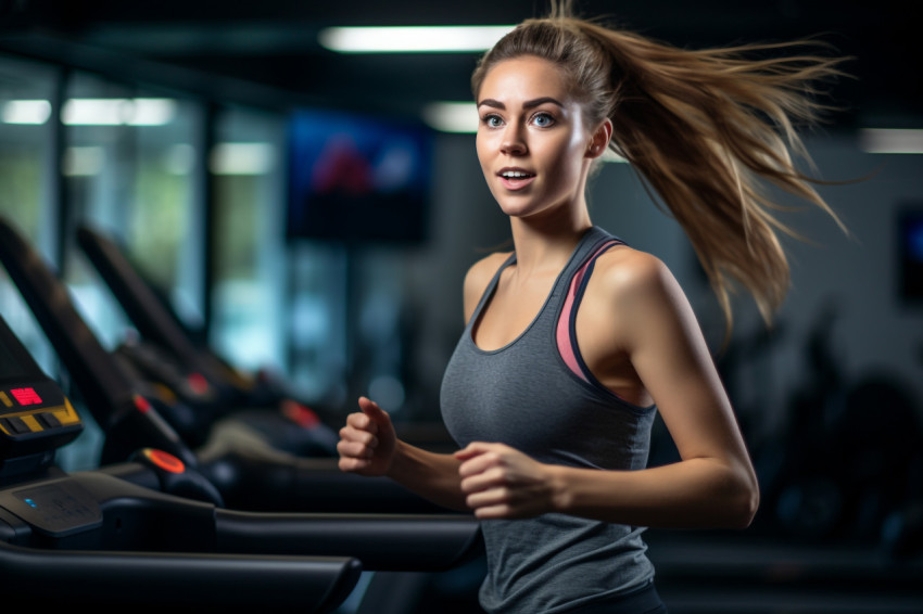 A picture of a girl running on the treadmill at her gym