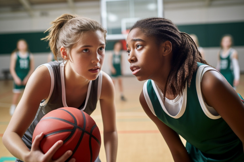 A picture of two female basketball players playing in a school