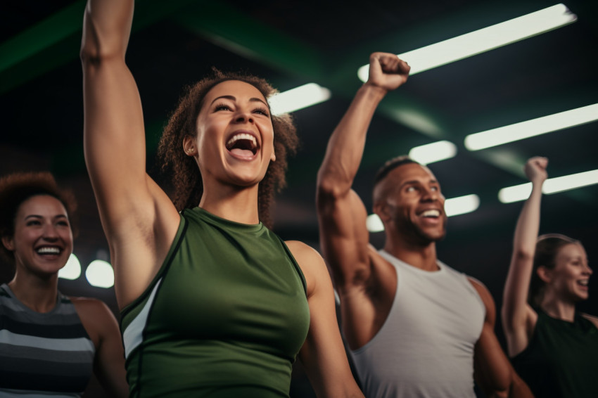 A photo of male and female athletes cheering together on a sports court