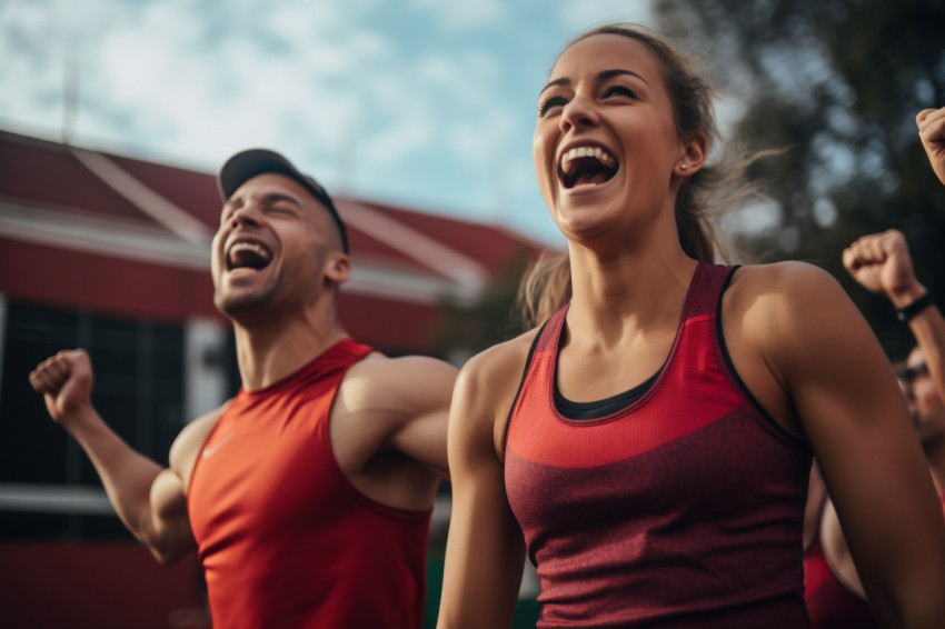 A photo of male and female athletes cheering together on a sports court